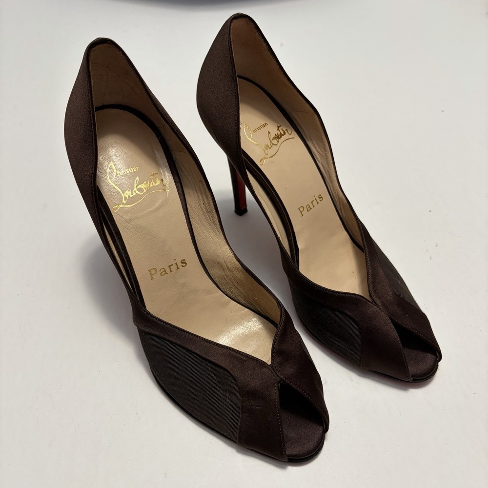 Christian Loubouton Peep Toe Heels 37.5 Chocolate Brown Parisian Made In Italy